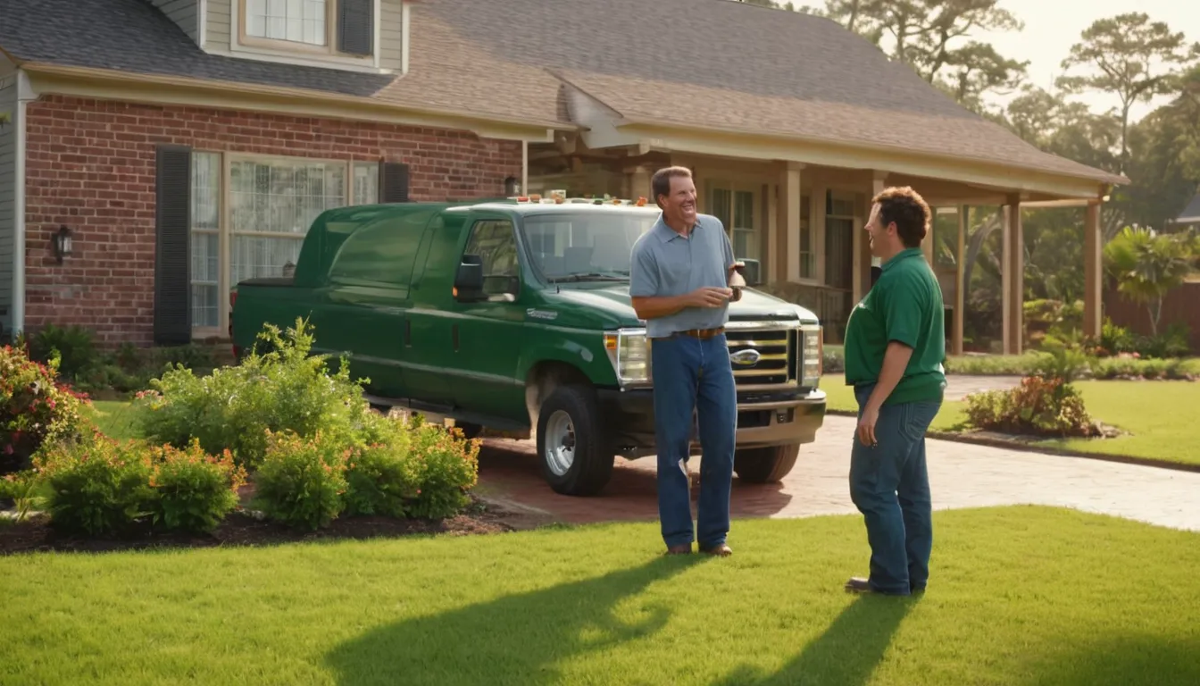 A friendly septic provider talking with a homeowner in a front yard near Lakeside