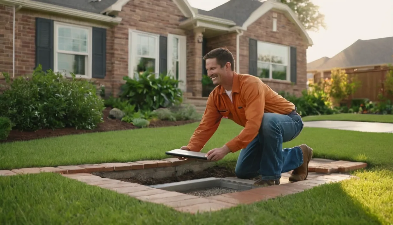 A local provider inspecting a septic tank access lid in a residential yard near Lakeside