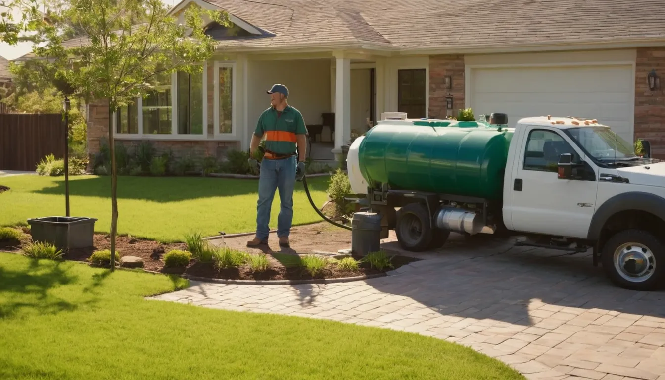 A friendly provider checking a septic tank lid in a residential yard near Lakeside